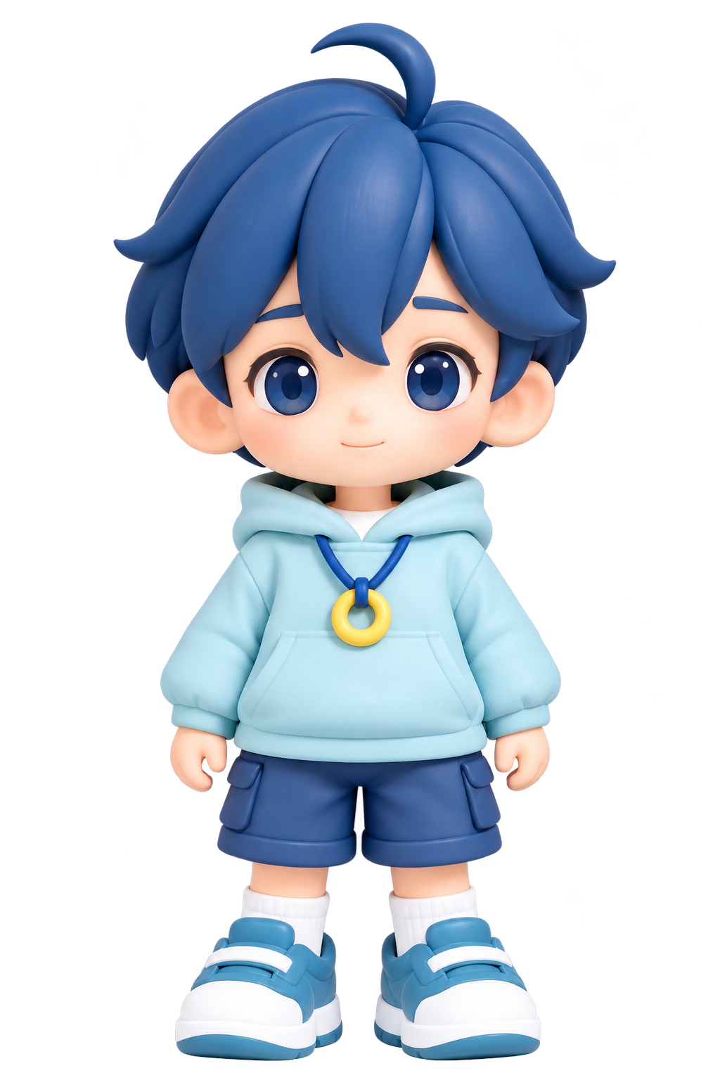 Ahboo, with blue hair, a light blue hoodie and a yellow pendant